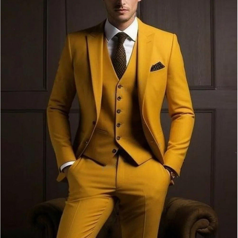 Mens Three-Piece Solid-Color High-End Stylish Suit With A Sophisticated Vibe